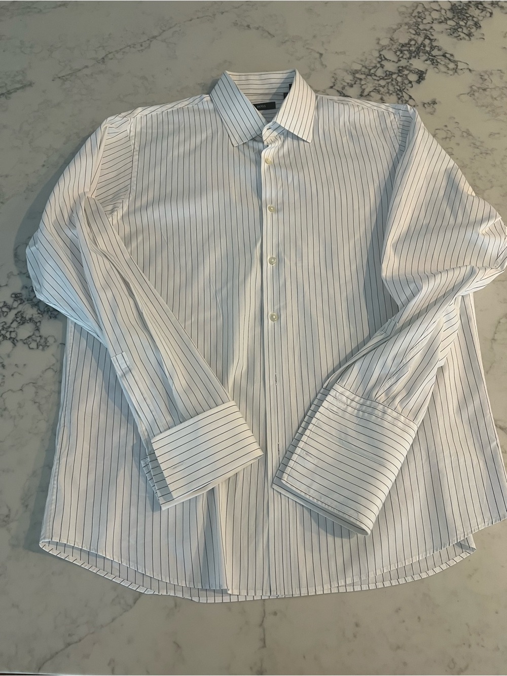 Boss Hugo Boss White Black Stripped Men’s French Cuffed Shirt 17 1/2 34/35